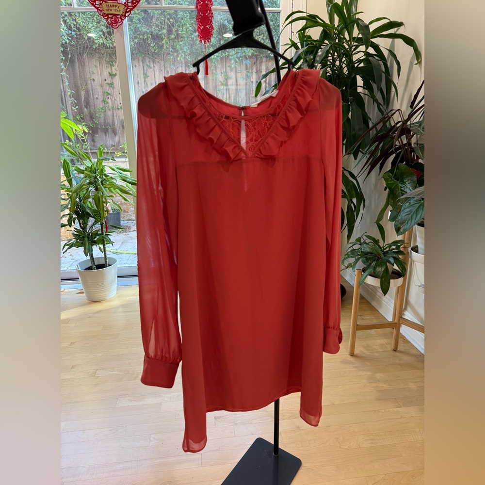 BCBGeneration Red Ruffle Lace-Inset Long Sleeve Shirt Dress